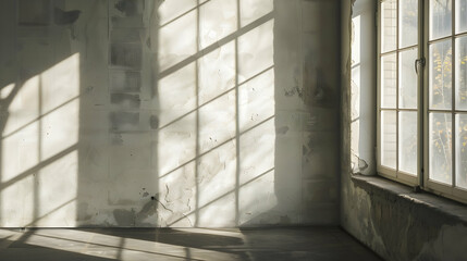 Sunlight casting shadows on a bare wall in an empty room with large windows and a serene atmosphere