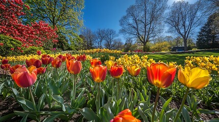 Obraz premium A vibrant spring garden with blooming tulips, daffodils, and a clear blue sky