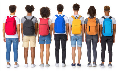 Diverse Group of Seven Young Adults with Backpacks Facing Away in a Studio Setting, Showcasing Various Styles and Colors of Bags