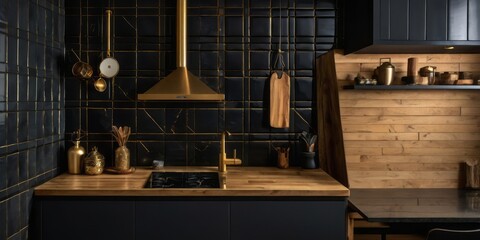 Elegant Gold and Black Kitchen Design Featuring Wood Accents