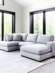 Cozy gray sofa in bright room with big window, background trees, home interior. Generative AI