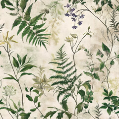 A botanical floral illustration with delicate ferns and ivy intertwined with subtle flowers like lilies and violets. The earthy tones and soft greens create a natural, grounded feel.