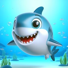 Cheerful cartoon shark swimming in vibrant underwater setting with bubbles and colorful fish.