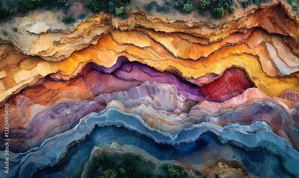 Poster an aerial view of layered rock formations displaying a spectrum of colors and textures