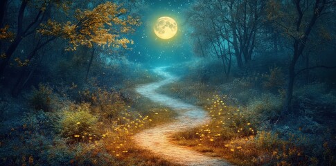 Winding path under the moonlight through a serene forest