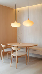 Dining in a cozy, bright room with pendant lights over a wooden table at home. Generative AI