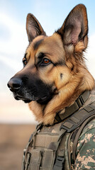 Dog in uniform ready for a mission, with sky background, for training scenarios. Generative AI