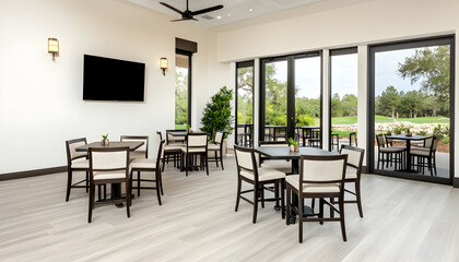 Obraz premium Dining area with tables and chairs. Golf course view in the background. Real estate. Generative AI