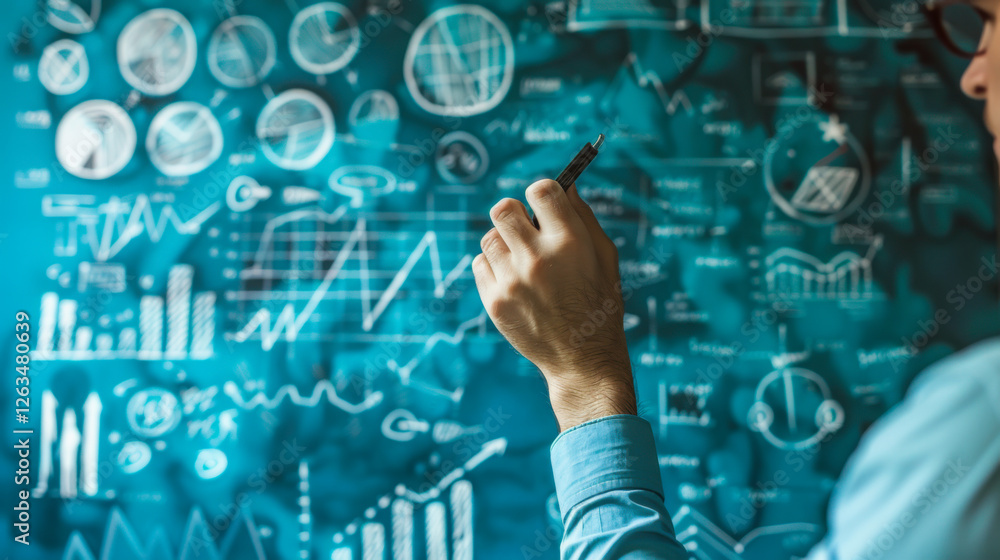 Aufkleber analyzing market trends with graphs and charts while noting insights on a blue backdrop