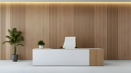 Empty reception with wooden wall, bright light, plants, and white desk for interior. Generative AI