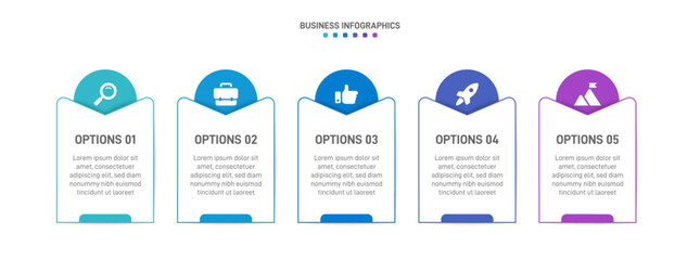 Horizontal progress bar featuring 5 arrow-shaped elements, symbolizing the five stages of business strategy and progression. Clean timeline infographic design template. Vector for presentation