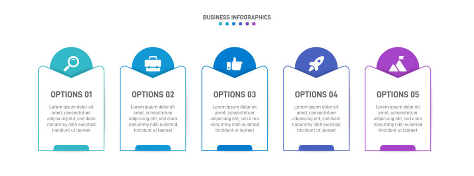 Horizontal progress bar featuring 5 arrow-shaped elements, symbolizing the five stages of business strategy and progression. Clean timeline infographic design template. Vector for presentation