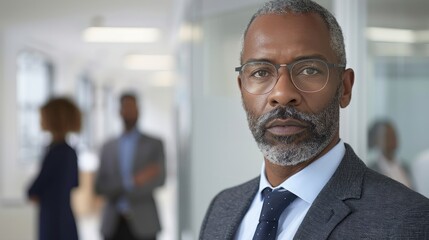 Fototapeta premium Confident senior African American businessman with glasses gray beard wearing formal suit standing in a modern office environment representing leadership, professionalism, and corporate success