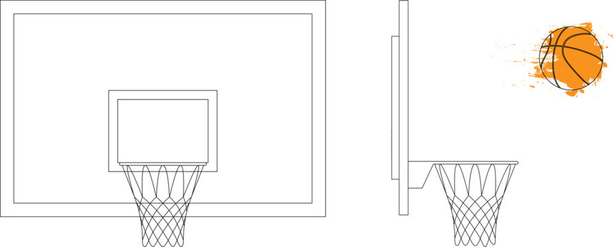 Basketball backboard (basket), orange ball - Side and front elevation