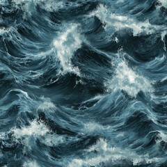 Fototapeta premium A seamless stormy ocean illustration with swirling chaotic waves, crashing whitecaps, and dark brooding clouds in the background.
