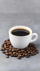 Fototapeta premium Fresh coffee in a white mug surrounded by coffee beans on a grey surface. Generative AI