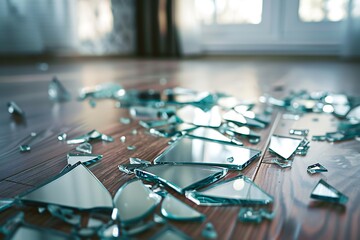 Shattered mirror pieces on the floor, captured in high angle view, with a blurry background and natural light, creating a bokeh effect.