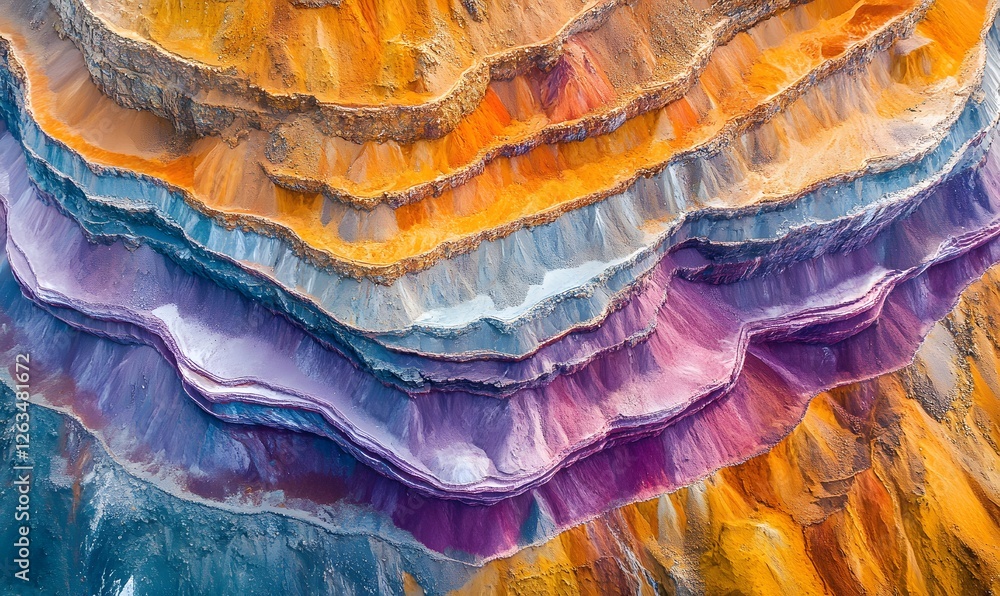 Poster aerial view of multicolored geological layers showing distinct color patterns and textures