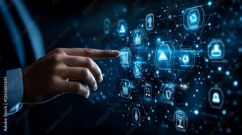 Poster hand interacting with a digital interface showing various icons.