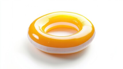 A vibrant yellow and white inflatable ring rests on a smooth white surface, showcasing its bright colors and appealing design.