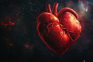 Anatomical heart floats in space amidst stars and nebulae