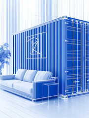 Interior Design. Container home blue print of living area in minimal scene. Generative AI
