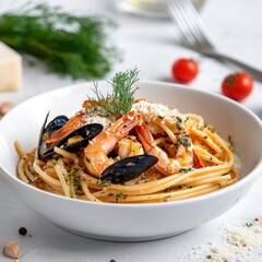 The plate of fettuccine pasta with octopus and seafood in a creamy white wine sauce, garnished with fresh greens and Parmesan. 

