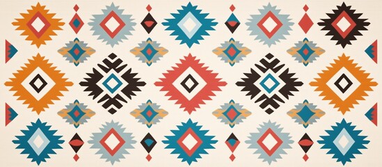 A bohemian-style tablecloth background with colorful geometric patterns, including diamonds and triangles, in earthy tones.