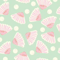 Oyster sea shells with pearls on blue background seamless pattern. It is suitable for textile, fabric, decoration, wrapping