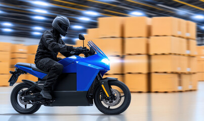 Fototapeta premium Dynamic rider on electric motorcycle in an industrial warehouse setting with blurred background of brown cardboard boxes and a sleek design that emphasizes speed and modernity
