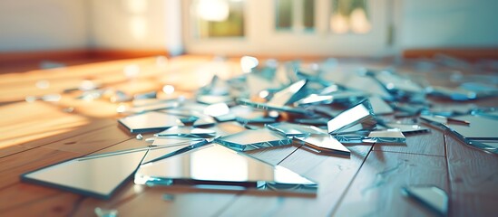 Shattered mirror pieces scattered on the floor, high angle view, blurry background, natural light, detailed and realistic.