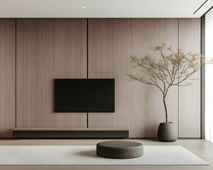 Minimalist living room interior with media setup and tree against a wood wall. Generative AI