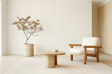 Minimalist living room with armchair and plant for peaceful interior design use. Generative AI