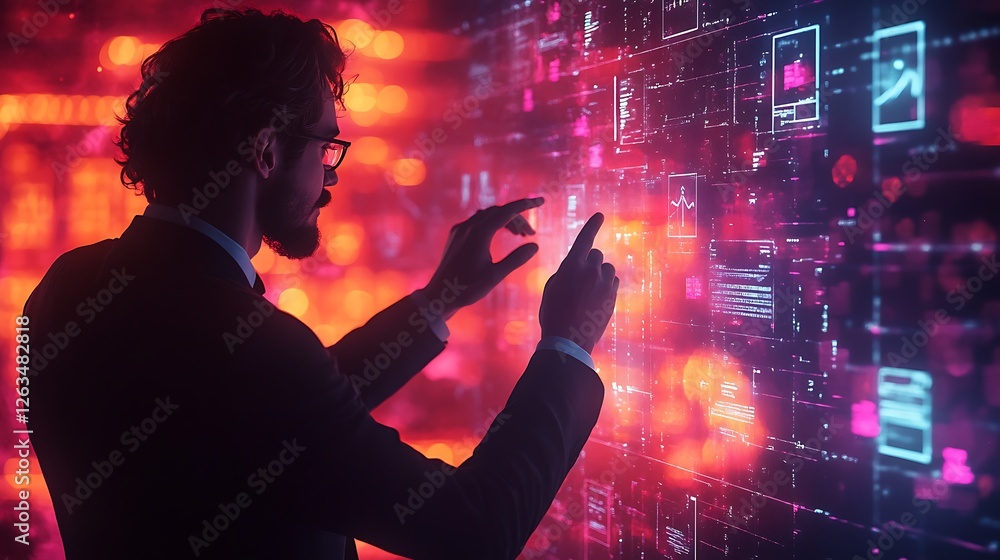 Aufkleber businessman interacts with a futuristic holographic interface filled with data and graphs.