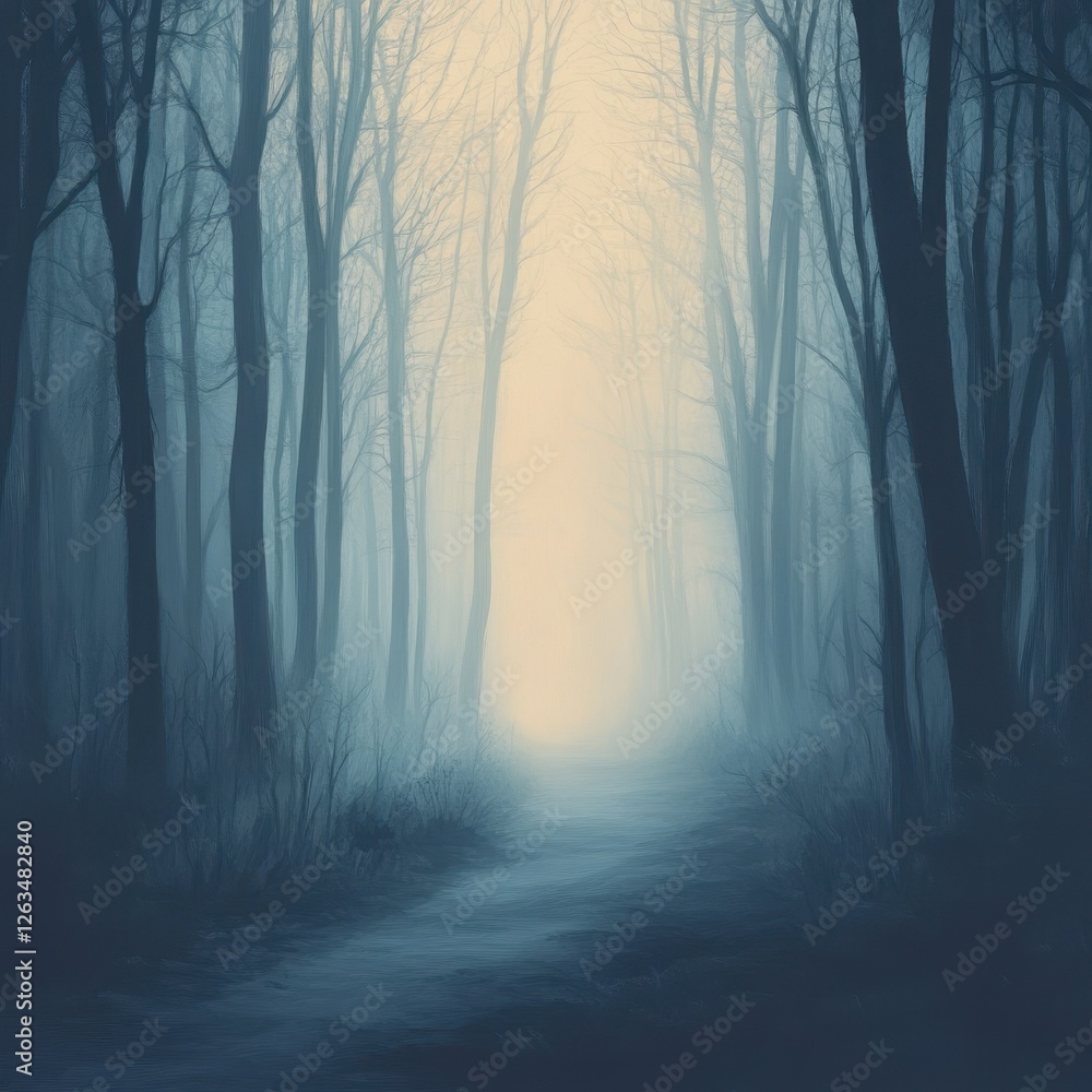 Poster misty forest path shrouded in fog with light at end