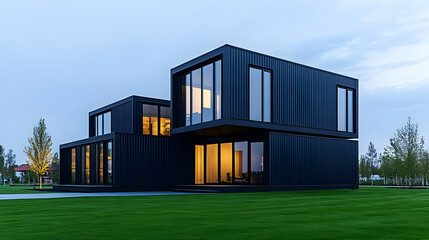 Fototapeta premium Modern Container House. New home in a yard. Evening, blue sky and green grass. Generative AI
