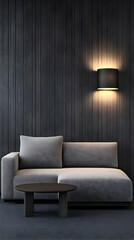 Modern couch and table in dark interior, cozy home scene. Lifestyle use. Generative AI