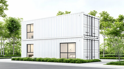 Obraz premium Modern container home, stacked design amidst lush greenery for sustainable living. Generative AI