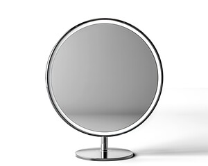 A sleek round makeup mirror on a chrome stand, white background.