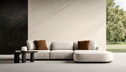 Modern interior with couch for lounging; view of landscape creates indoor oasis. Generative AI