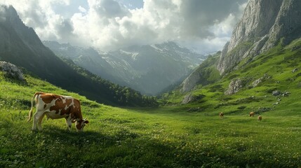 Cow Grazing in a Lush Green Pasture Image