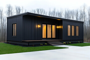 Obraz premium Modern small black house with stairs for family lifestyle in nature background. Generative AI