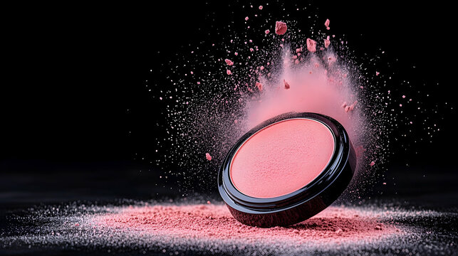 Pink blush on black background exploding powder for beauty ads or social media. Generative AI