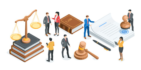 isometric vector concept on the theme of court and law, in color on a white background, scales and a judge's gavel with book and documents and business people