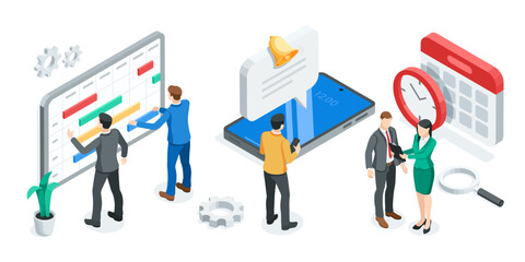 isometric vector business men and woman near timetable and calendar, in color on a white background, office workers and  teamwork concept