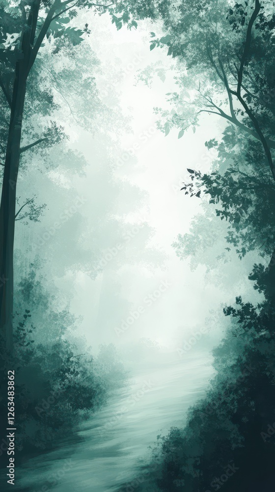 Poster a mysterious fog envelops the forest path with light above