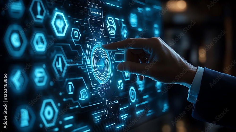 Aufkleber hand interacts with a futuristic digital interface showing various icons and data points.