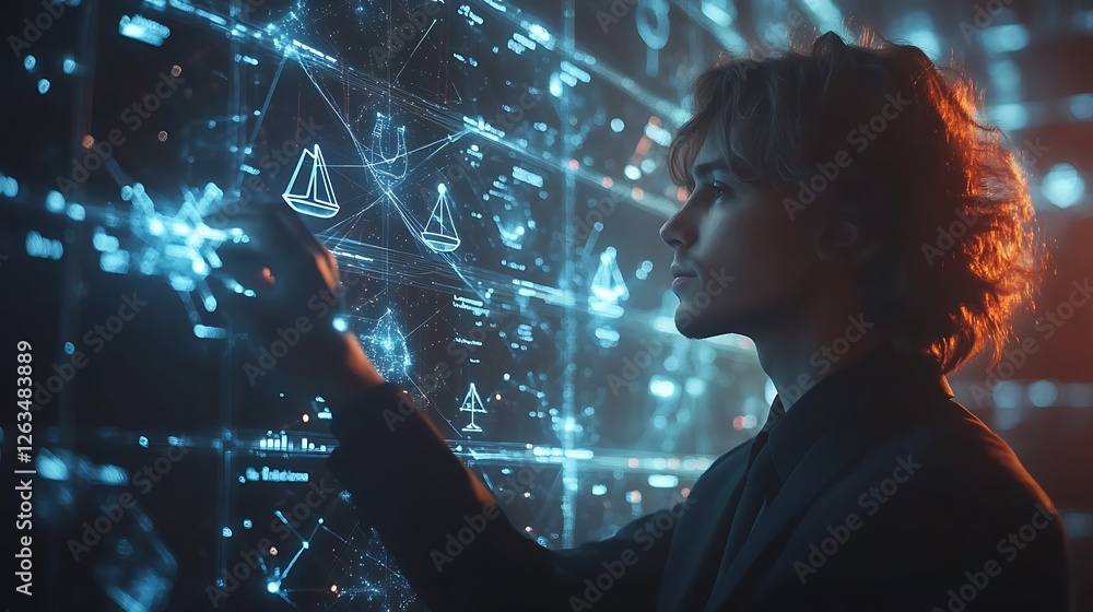Poster person interacts with a futuristic digital interface displaying nautical charts and data.
