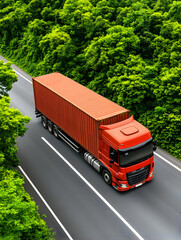 Red truck on road by forest, delivering goods. For logistics or supply chain. Generative AI