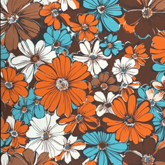 A retro-inspired floral illustration with bold, graphic flowers like daisies and roses in shades of orange, teal, and brown. The warm, earthy tones and fun design give it a 70s vibe.